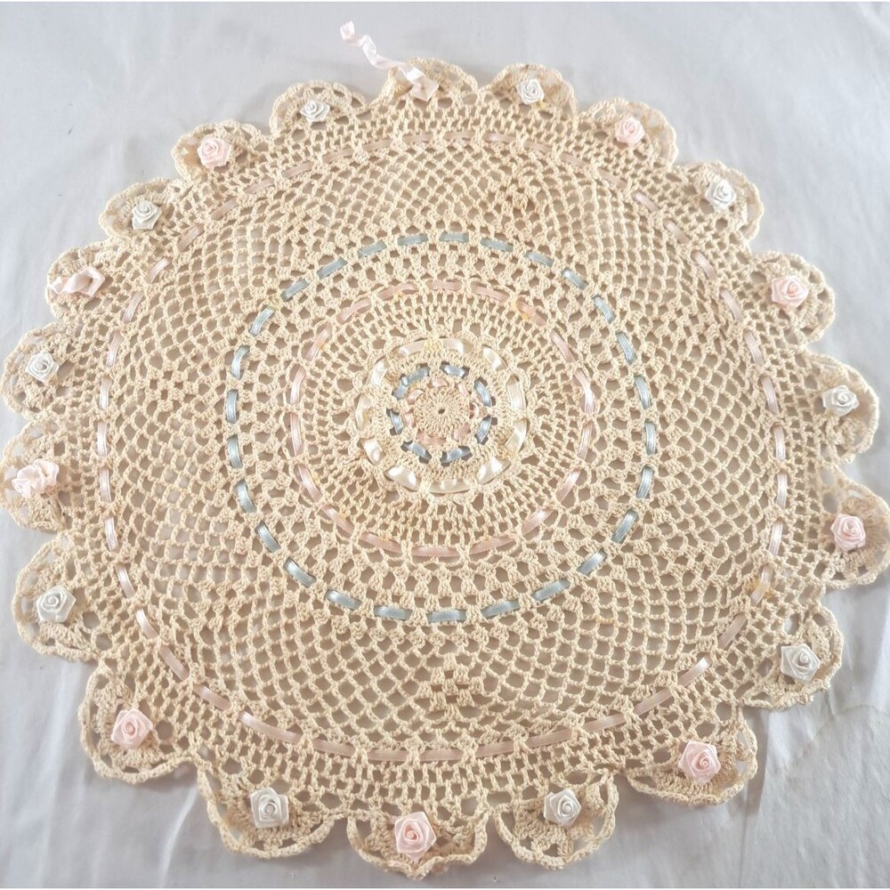 Vintage Ivory Ribbon Doily Centerpiece 14" Rosettes Blue Pink Victorian Cottage